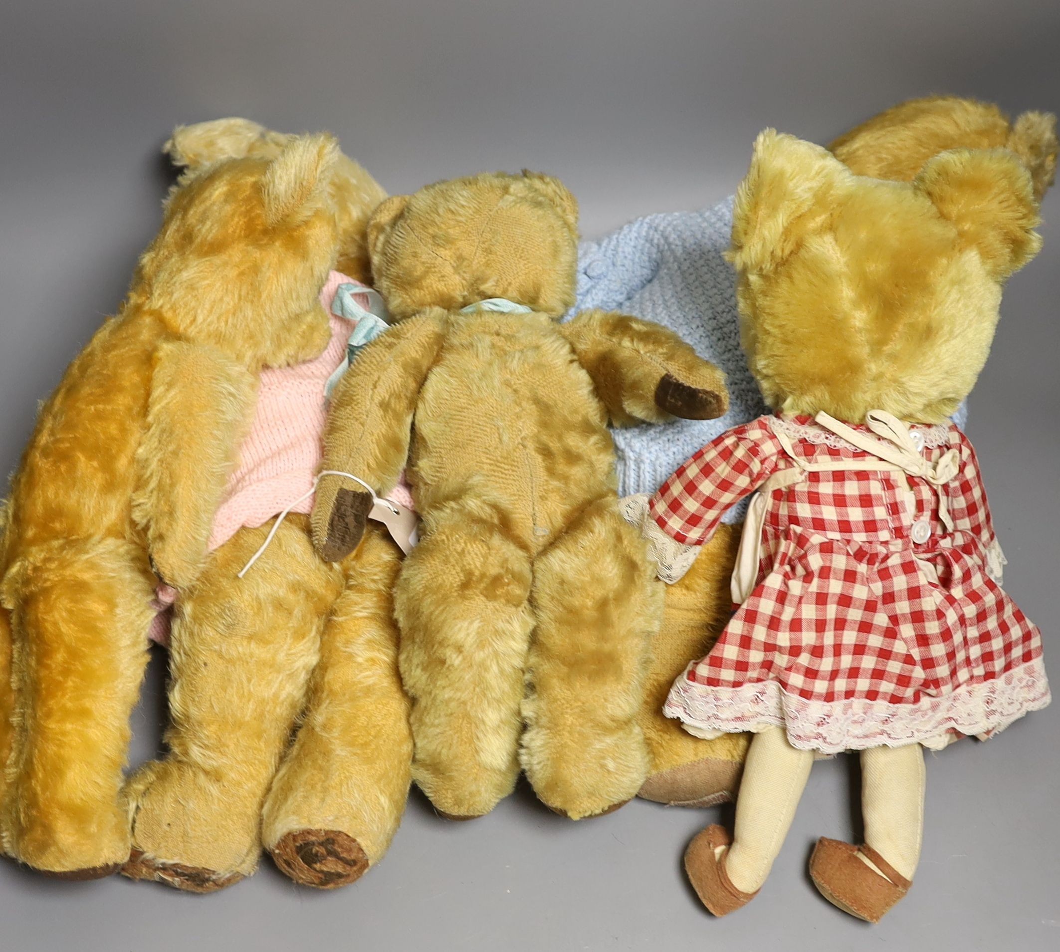 Five English Bears Including Chadvalley Magna Hairloss with Label. Merrythought & Pedigree and a Dressed Bear.